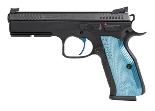 Buy CZ Shadow 2 Single Action Only, Full Size Pistol, 9mm, 4.89" Barrel, Steel Frame, Black, Aluminum Blue Grips, 17Rd, 3 Magazines, with Rail, Ambidextrous Safety, Adjustable Sights