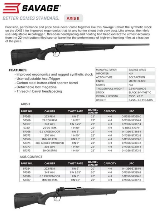 Buy Savage Axis II, 6.5 Creedmoor, 22" Barrel, Black Color, Black Polymer Stock, 4Rd, Detachable Box Magazine