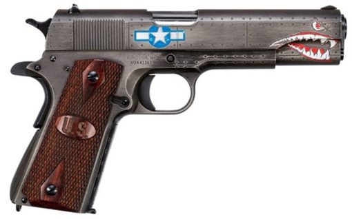 Buy Auto Ordnance Squadron Special Edition WW2 1911 45 ACP, 5" Barrel, Black/Gray Cerakote, Wood Grips, US Logo, Adj Rear Sight, Custom Engraved to Resemble a WW2 Fighter Plane, 7rd