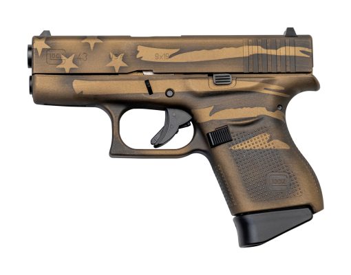 Buy Glock 43 USA 9mm, 3.39" Barrel, Fixed Sights, Battleworn Bronze Distressed Flag, 6rd